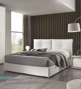Letto contenitore bianco in ecopelle e con testiera e giroletto imbottiti