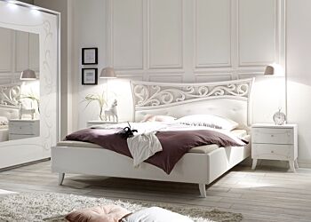 Nuovo Letto matrimoniale con fregio in legno e imbottitura, colore Bianco Zenzero Shop