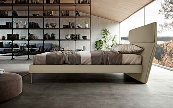 Letto matrimoniale ecopelle con testata retrofinita, finitura fango 