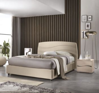 Camera da letto in finitura Olmo Perla e letto ecopelle sabbia, Made in Italy