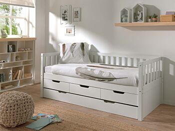 Divano letto pino massello con secondo estraibile e 3 cassetti, disponibile in due colorazioni