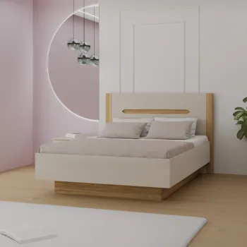 Camera completa di armadio, letto, comò e comodini in finitura Sabbia e Rovere Mauvella