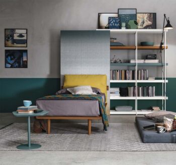 Letto singolo con cuscino, finitura Nodato scuro e tessuto Giallo