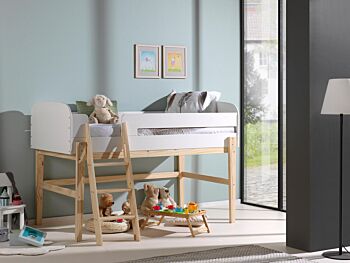 Letto singolo con scaletta, Bianco laccato e Pino massello