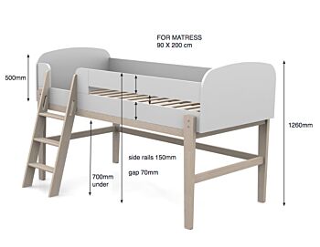 Letto singolo con scaletta, Bianco laccato e Pino massello