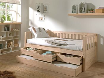 Divano letto pino massello con secondo estraibile e 3 cassetti, disponibile in due colorazioni