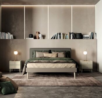 Letto matrimoniale testata Ecopelle in finitura Moka e Tenda