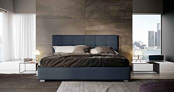 Letto matrimoniale imbottito blu notte, testata retrofinita