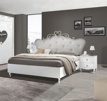 Letto a cuore contenitore matrimoniale con testata imbottita, Bianco