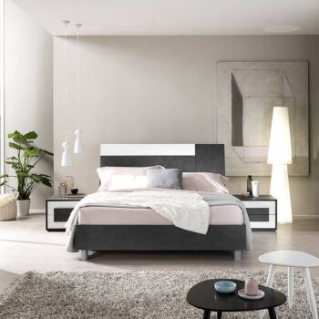 Letto matrimoniali, letto con pannello bicolor, finitura Resina scura e Bianco laccato