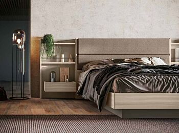 Letto Ester matrimoniale con contenitore, finitura Olmo natura, Visone e tessuto Castoro