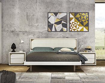 Letto matrimoniale moderno, Olmo Bianco con dettagli visone, Made in Italy