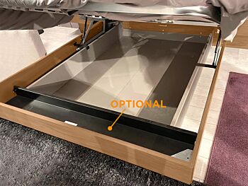 Letto matrimoniale contenitore Ester, finitura Noce biondo e Orzo con testata tessuto Grigio