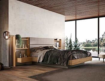 Letto matrimoniale contenitore Ester, finitura Noce biondo e Orzo con testata tessuto Grigio