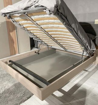 Letto contenitore matrimoniale Ester, finitura Bianco altea e Orzo con testata tessuto Beige
