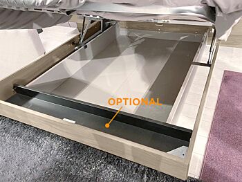 Letto contenitore matrimoniale Ester, finitura Bianco altea e Orzo con testata tessuto Beige