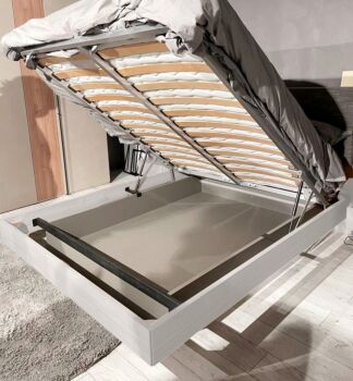Letto matrimoniale Ester contenitore, finitura Bianco altea e Grigio seta con testata tessuto Grigio