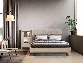 Letto contenitore matrimoniale Ester, finitura Bianco altea e Orzo con testata tessuto Beige
