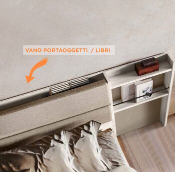 Letto matrimoniale Ester contenitore, finitura Bianco altea e Grigio seta con testata tessuto Grigio