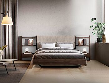 Letto matrimoniale Ester, finitura Noce moro e Grigio seta con testata tessuto Grigio
