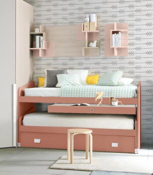 Cameretta con cabina angolare e letto multifunzionale, finitura Rovere ambra, Rosa antico, Peonia e Nebbia
