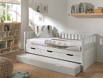 Divano letto pino massello con secondo estraibile e 3 cassetti, disponibile in due colorazioni