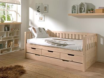 Divano letto pino massello con secondo estraibile e 3 cassetti, disponibile in due colorazioni