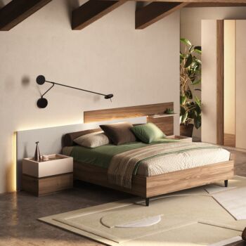 Letto matrimoniale con testiera sfalsata, Noce caramello e velluto Beige