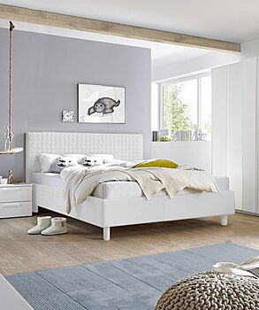 Letto matrimoniale Square in tessuto bianco imbottito, testiera riquadrata