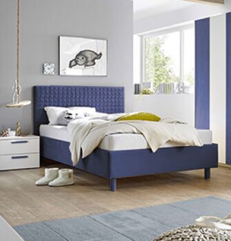 Cameretta moderna con letto imbottito e armadio vertigo blu