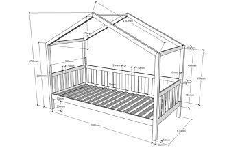 Letto montessoriano pino massello, design a casetta, disponibili 3 finiture