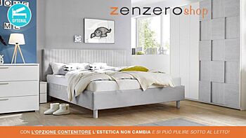 Camera matrimoniale con letto in tessuto grigio, comodini bianchi opachi e  armadio con fascia beton H.248
