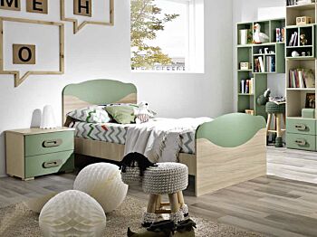 Letto singolo Marica per camerette, finitura Olmo e Verde Papua