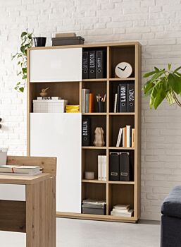 Libreria moderna da ufficio 2 ante,finitura Rovere e Bianco laccato