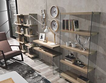 Libreria stile urban 5 ripiani e fianchi in vetro, finitura Rovere