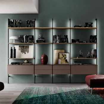 Libreria a muro moderna, finitura Rovere tabacco e Bronzo