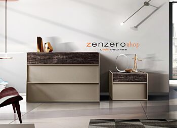 Set Bali con comò e coppia di comodini in finitura  Visone e Legno bruciato