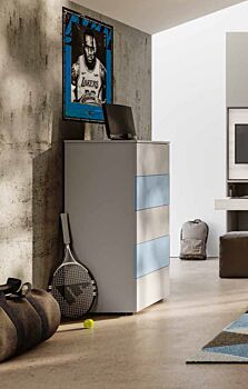 Comodone moderno con 5 cassetti, finitura Bianco altea, Carta da zucchero e Grigio seta