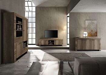 Sala completa in stile shabby chic con porta tv, madia e contenitore noce