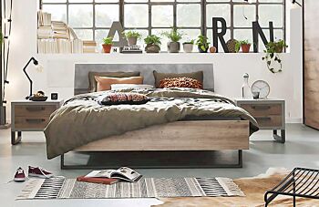 Letto Industry con testata ricurva in finitura Rovere e Grigio smoke