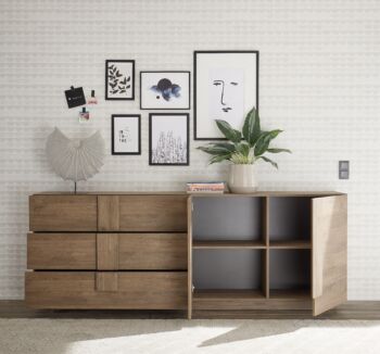 Offerta soggiorno moderno con tavolo, credenza e colonna in finitura Mercure