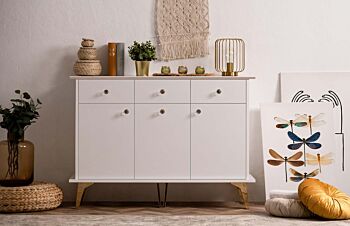 Madia Oslo con 3 ante e 3 cassetti in finitura bianco e oro
