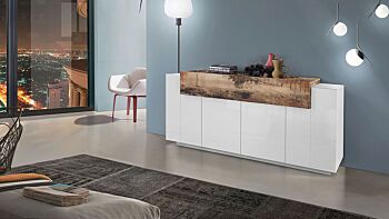 Madia moderna di design con ribalta in finitura Bianco lucido e Pero