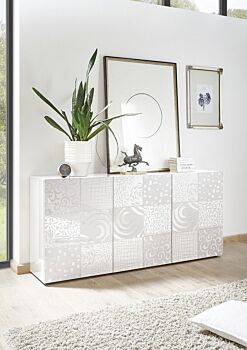 Credenze basse moderne, madia 3 ante in bianco laccato lucido serigrafato