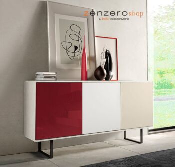Madia  moderna Orbitar con 3 ante in finitura Bianco calce, Vetro rosso, Terra opaco e Bianco opaco