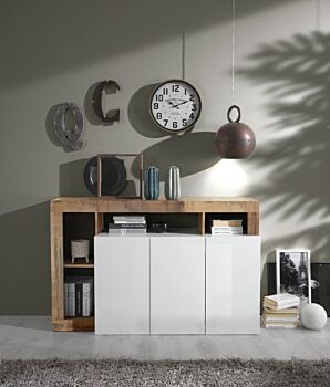 Madia moderna di design a 3 ante con un ripiano in finitura bianco laccato lucido e pero