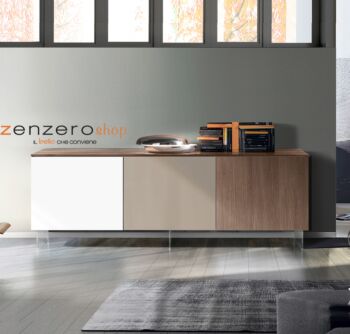 Credenza Moderna, Madia di Design con piedini in vetro, 3 ante, Noce, Bianco e fango