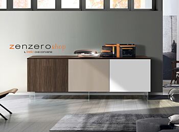 Credenza Moderna, Madia di Design con piedini in vetro, 3 ante, Teak, Bianco e fango