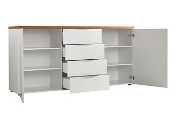 Capiente Madia 2 ante e 4 cassetti finitura Bianco lucido e Castagno, Made in Italy