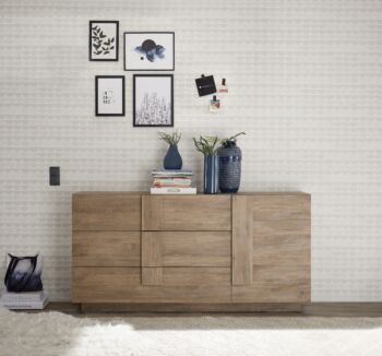 Soggiorno moderno scontato con tavolo, credenza e colonna in finitura Mercure
